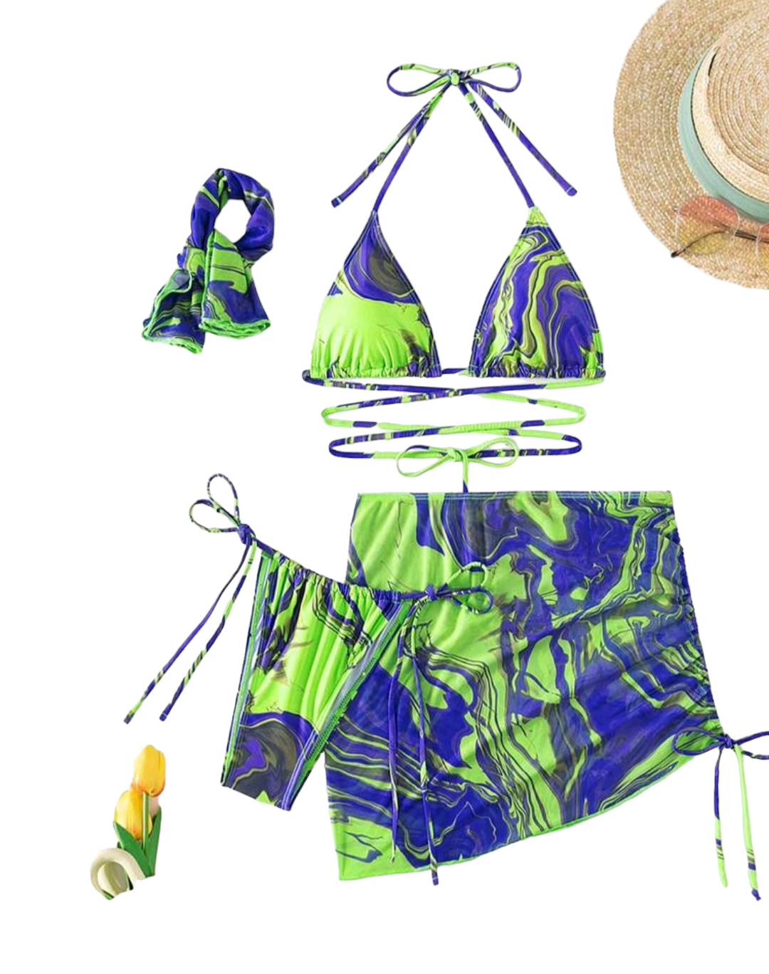 Traje de Baño Estampado - 4 piezas - Azul con Verde