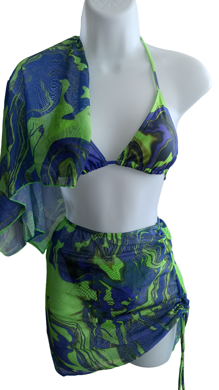 Traje de Baño Estampado - 4 piezas - Azul con Verde