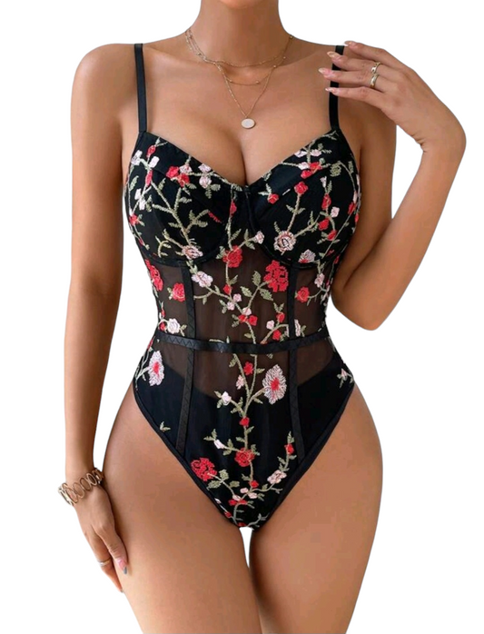 Body negro con Bordado de Flores Rosas Rojas