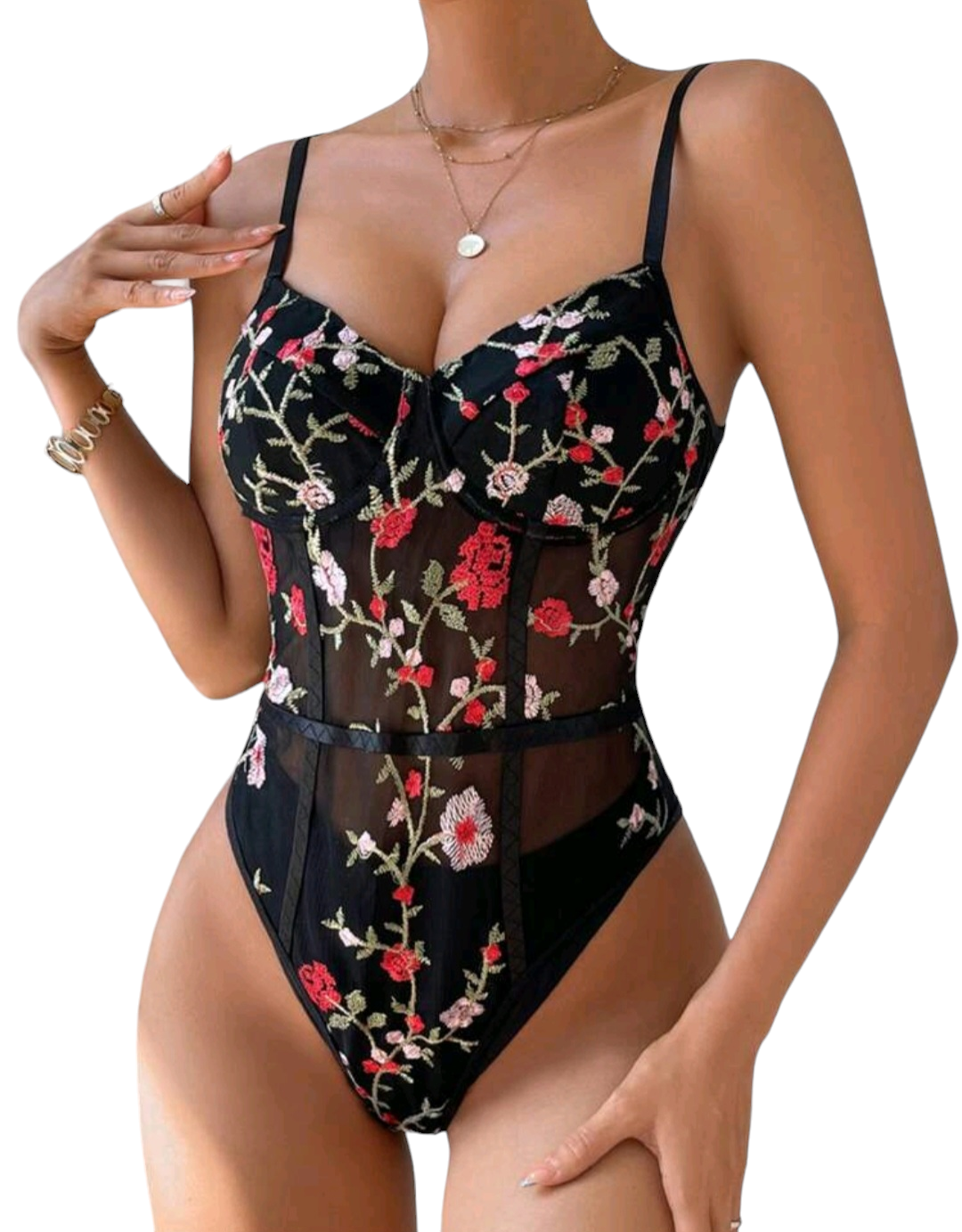 Body negro con Bordado de Flores Rosas Rojas