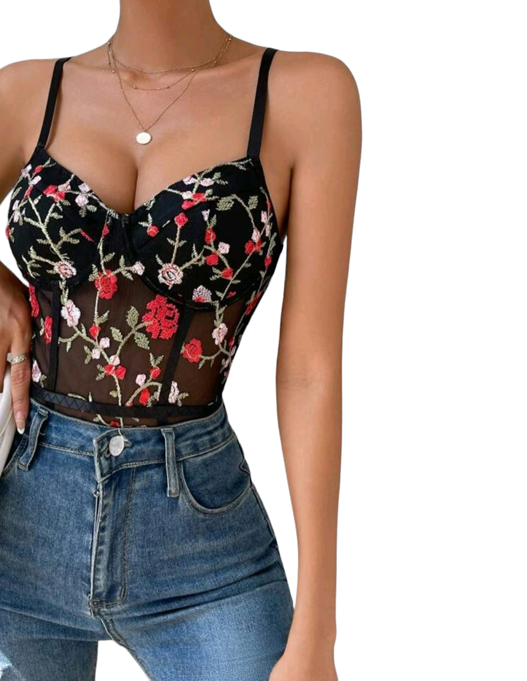 Body negro con Bordado de Flores Rosas Rojas