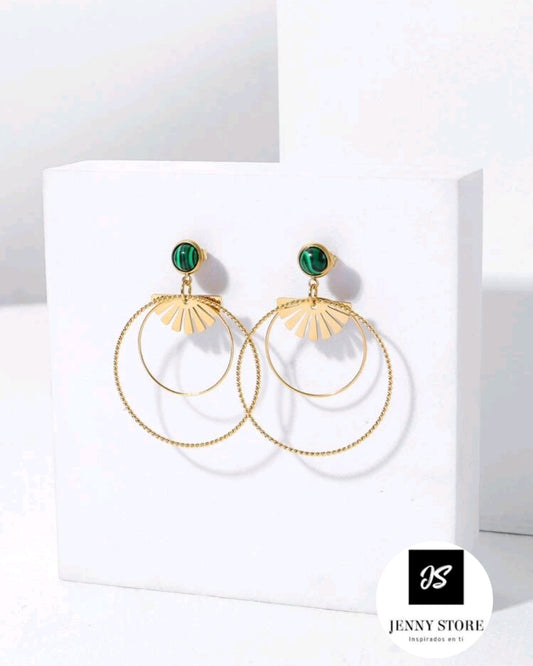 Pendientes Largos Circulares Con Pedrería Verde