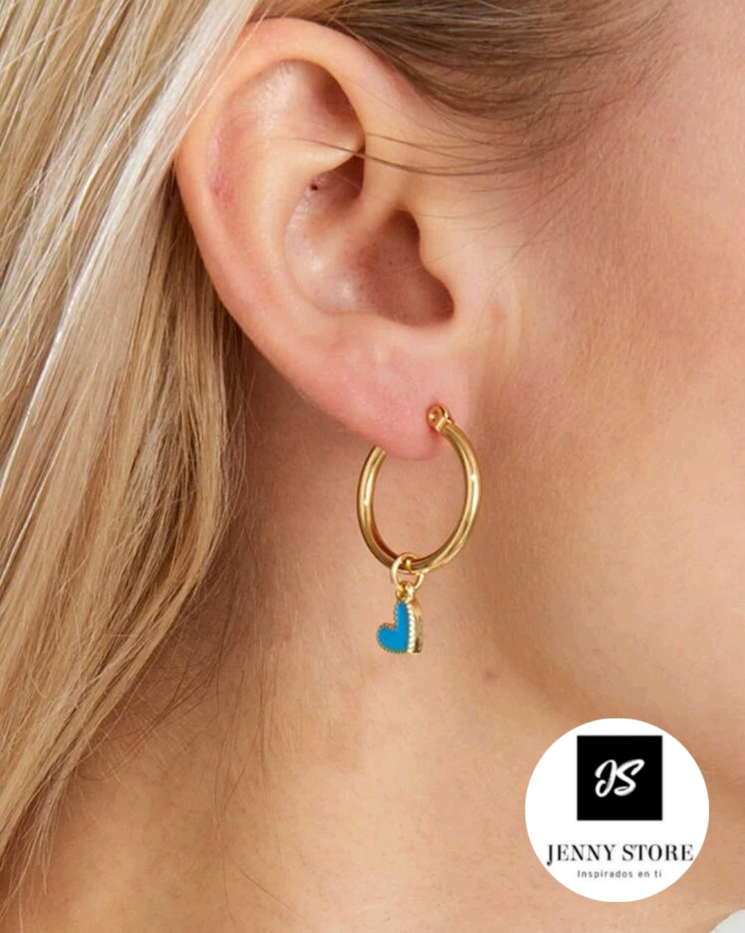 Aros Largos Dorados Con Corazón Azul. Baño de Oro