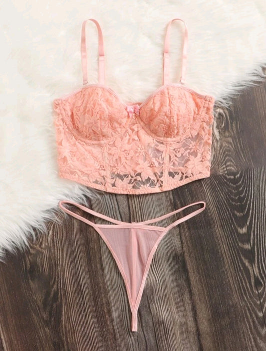 Bustier y Colaless Con Encaje Color Rosa