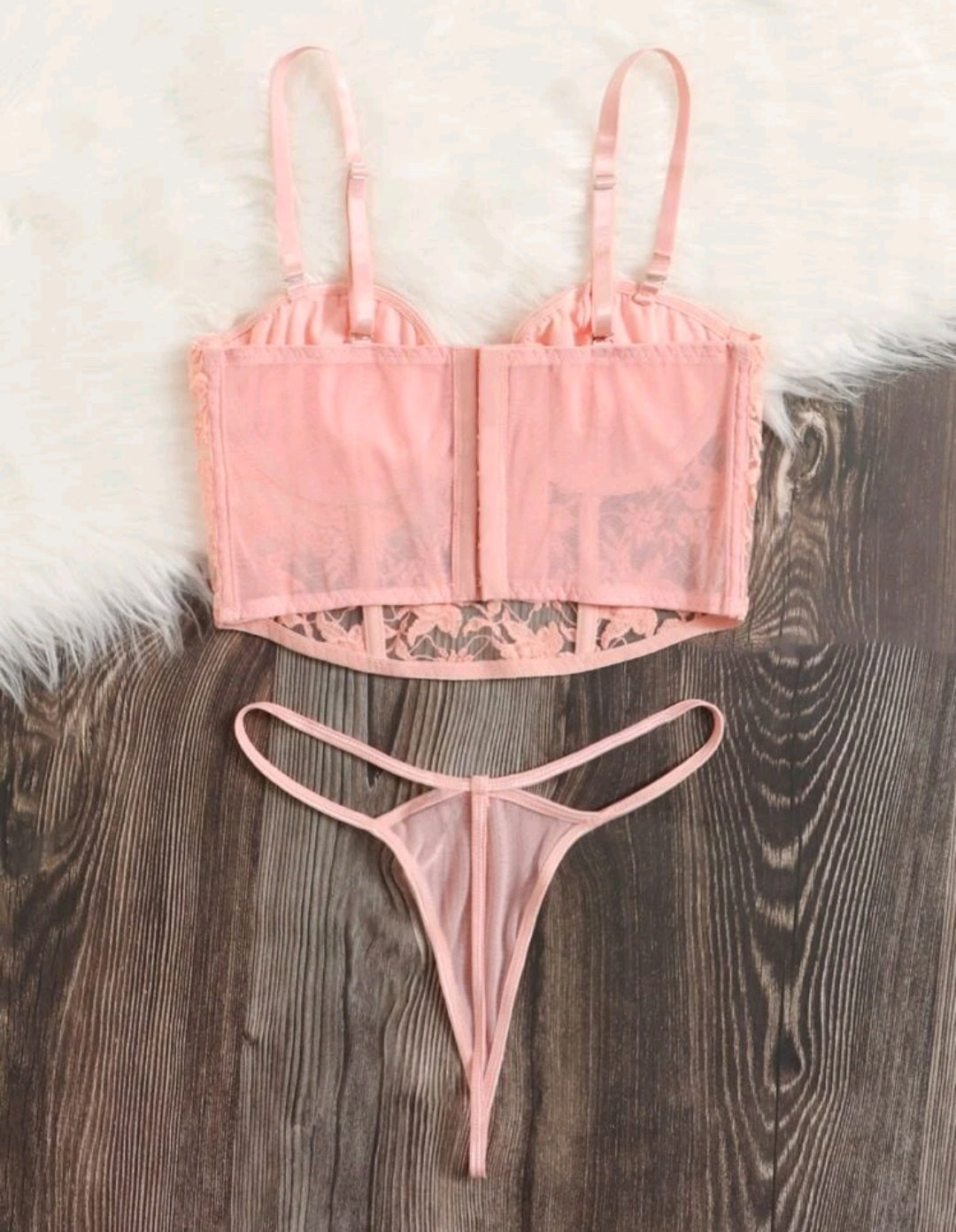 Bustier y Colaless Con Encaje Color Rosa