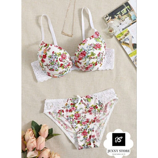 Set Lencería Blanco Con Bordado Floral