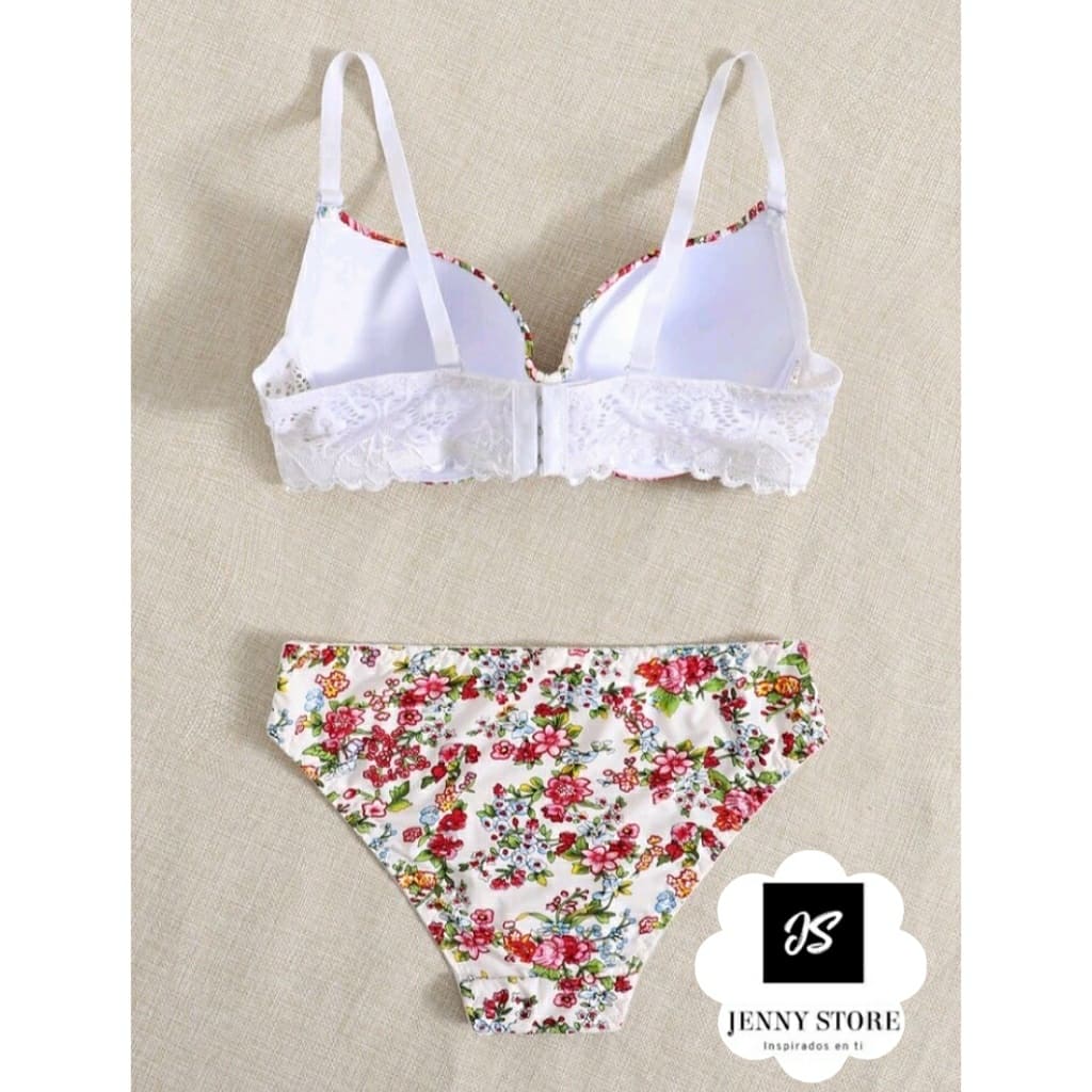 Set Lencería Blanco Con Bordado Floral