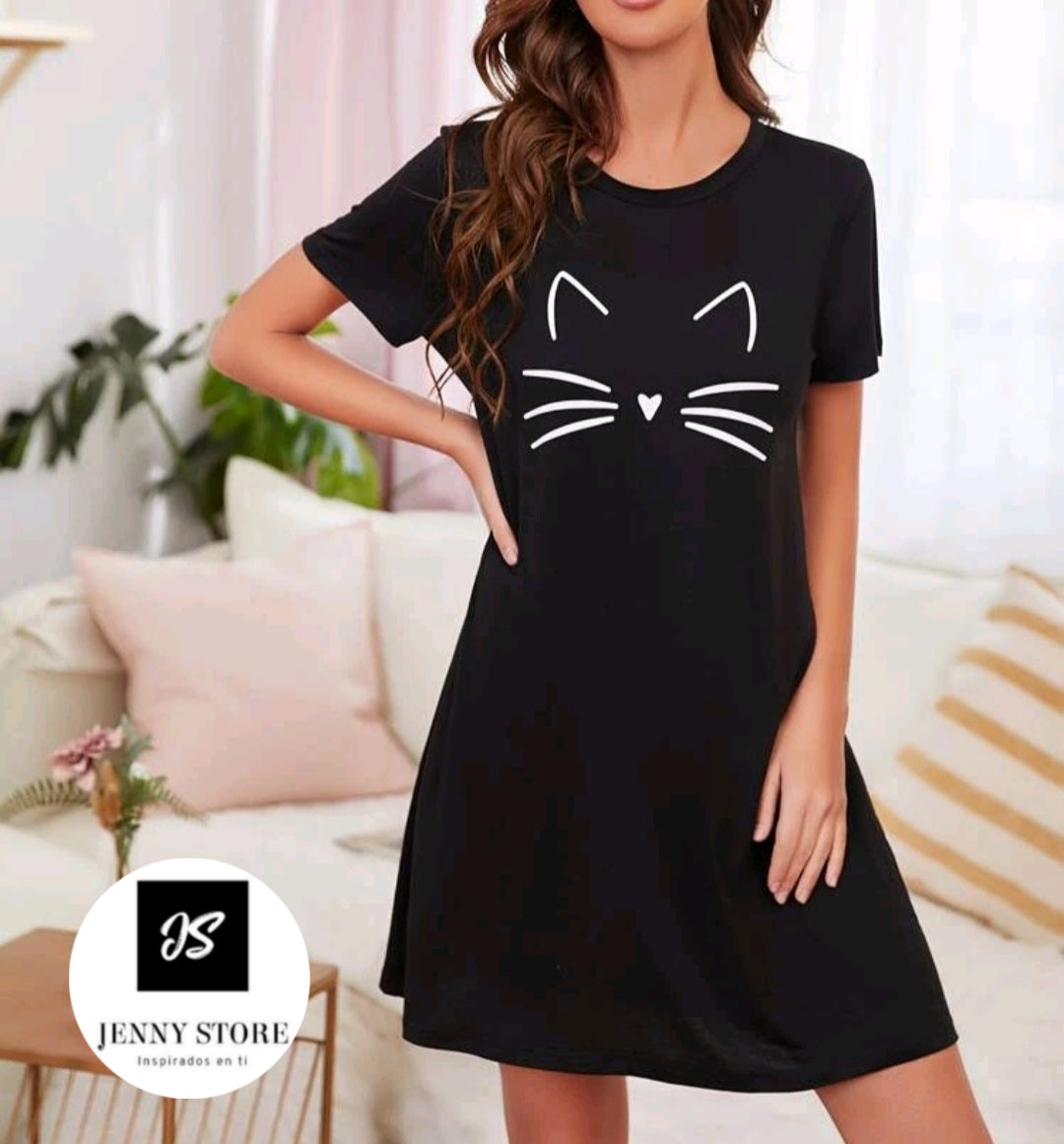 Camisa de Dormir Estampado de Gato